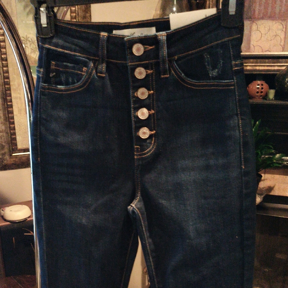 NWT KANCAN Button-Fly Dark Wash Jeans w gold stitching & distressed hens Sz 0/23